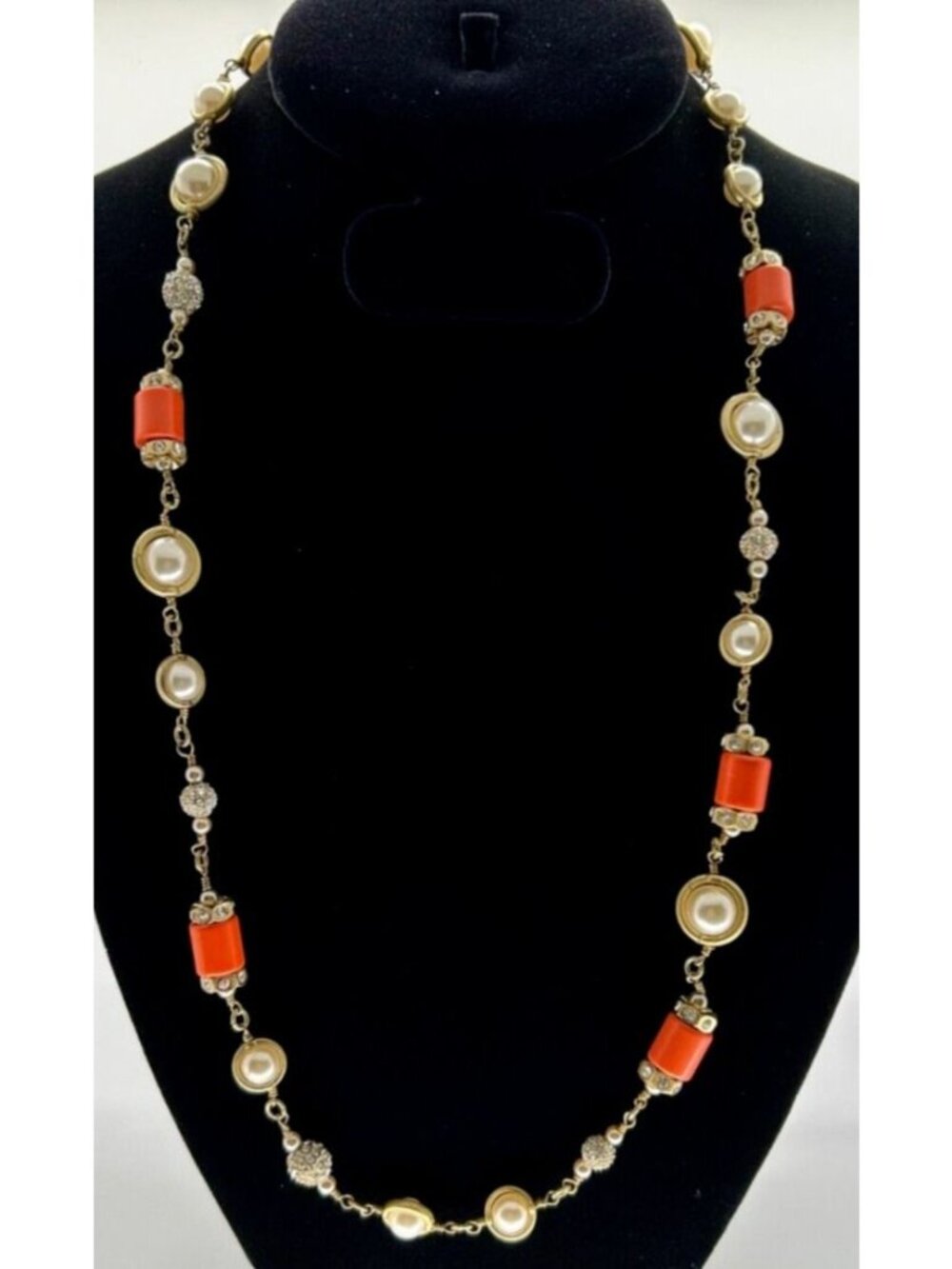 Vintage J.Crew Necklace Faux Pearl Orange Bead Gold Tone Rhinestone 29" Long
